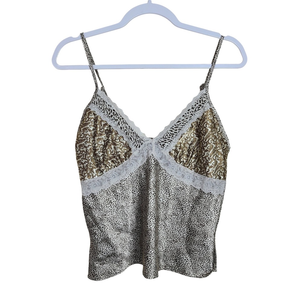 Vtg Animal Print Lace Trim Satin Babydoll Cami M Cropped Y2K Indie Sleaze Grunge